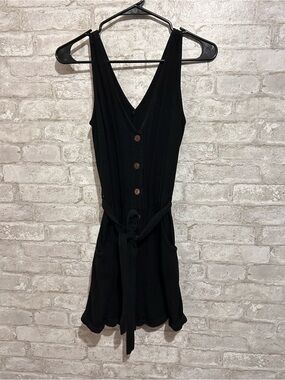 Black Sleeveless Button-Front V-Neck romper with Waist Tie